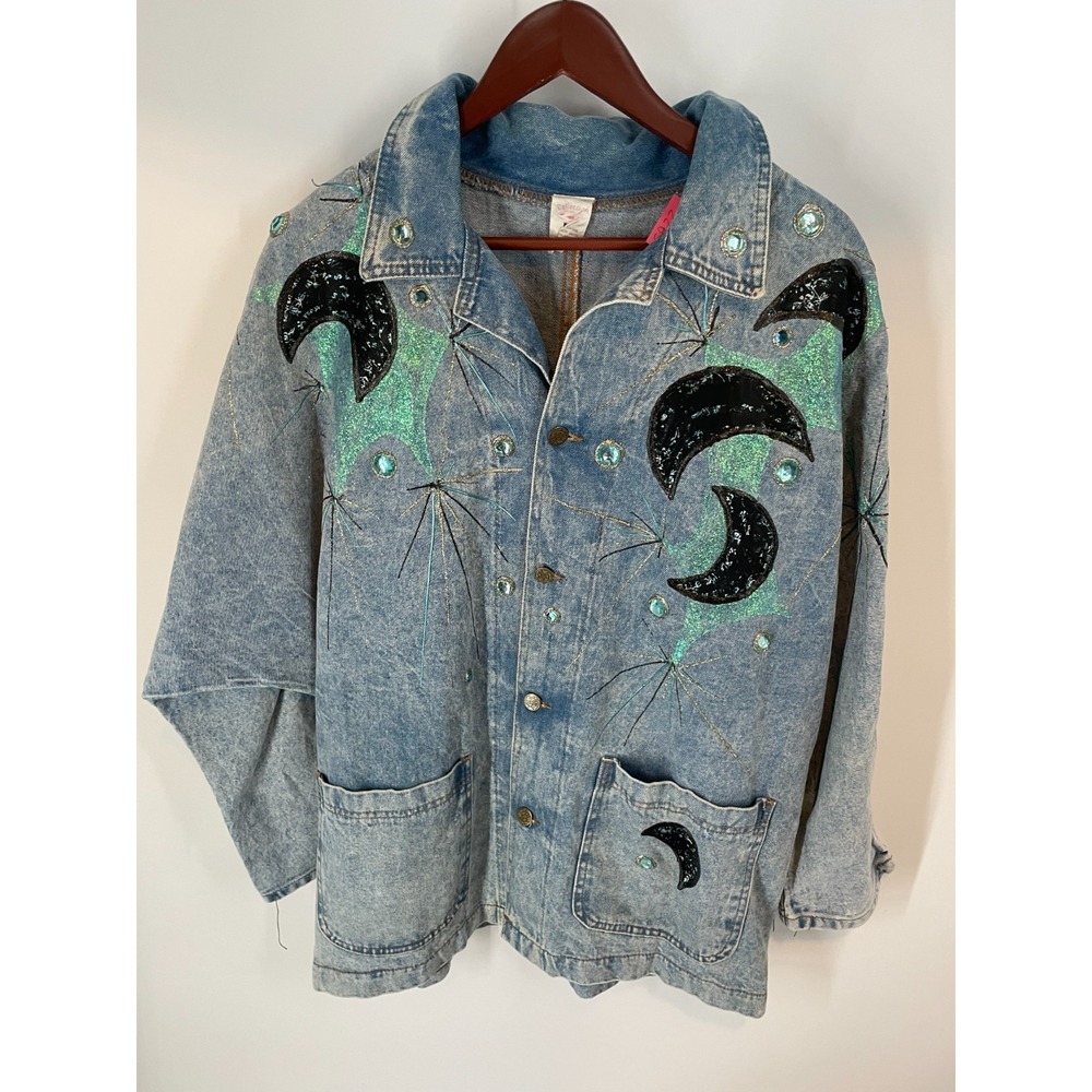 VTG Collection Celestial Moon Rhinestone Embellished Denim Jacket Blue One Size